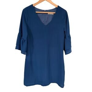 Belongsci Blue V-Neck Shift Dress M Tiered Ruffle Bell Sleeve Short Classy Party